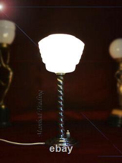 Original 1940s Art Deco barley-twist Chrome Desk Lamp Opaline milk glass shade