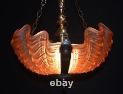 Original 1940s art deco 3 -moulded slip clamshell opalescent glass Odeon light