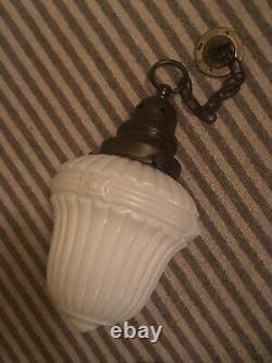 Original 1940s art deco Opaline moulded cased milk glass & Brass pendant light