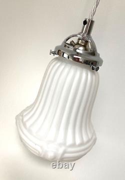 Original Antique Art Deco Opaline Glass Lampshade Chrome Ceiling Light Pendant