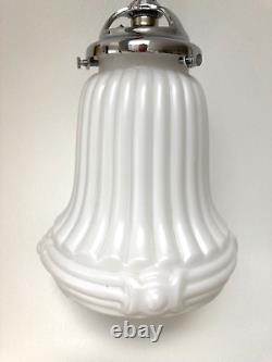 Original Antique Art Deco Opaline Glass Lampshade Chrome Ceiling Light Pendant