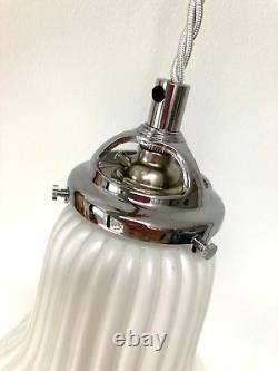 Original Antique Art Deco Opaline Glass Lampshade Chrome Ceiling Light Pendant