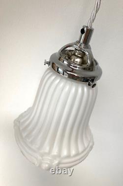 Original Antique Art Deco Opaline Glass Lampshade Chrome Ceiling Light Pendant