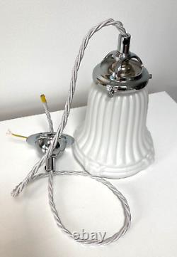 Original Antique Art Deco Opaline Glass Lampshade Chrome Ceiling Light Pendant