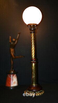 Original Edwardian Brass Mahogany Opaline glass floor standing art & crafts lamp