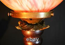 Original Edwardian Brass Mahogany Opaline glass floor standing art & crafts lamp