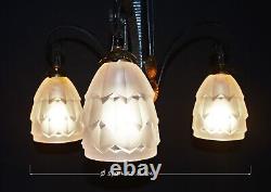 Original French art deco 3 arm wrought iron & opaline glass chandelier C1930s