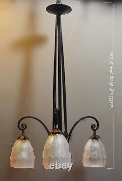 Original French art deco 3 arm wrought iron & opaline glass chandelier C1930s