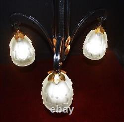 Original French art deco 3 arm wrought iron & opaline glass chandelier C1930s