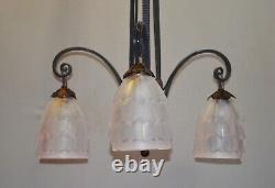 Original French art deco 3 arm wrought iron & opaline glass chandelier C1930s