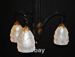 Original French art deco 3 arm wrought iron & opaline glass chandelier C1930s