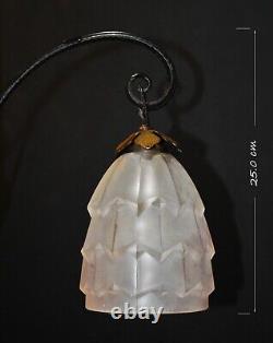 Original French art deco 3 arm wrought iron & opaline glass chandelier C1930s