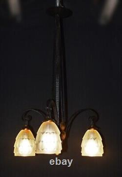 Original French art deco 3 arm wrought iron & opaline glass chandelier C1930s