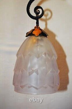 Original French art deco 3 arm wrought iron & opaline glass chandelier C1930s