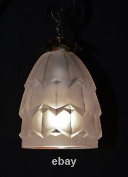 Original French art deco 3 arm wrought iron & opaline glass chandelier C1930s