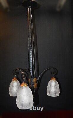 Original French art deco 3 arm wrought iron & opaline glass chandelier C1930s