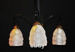 Original French art deco 3 arm wrought iron & opaline glass chandelier C1930s