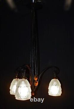 Original French art deco 3 arm wrought iron & opaline glass chandelier C1930s