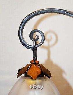 Original French art deco 3 arm wrought iron & opaline glass chandelier C1930s