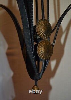 Original French art deco 3 arm wrought iron & opaline glass chandelier C1930s