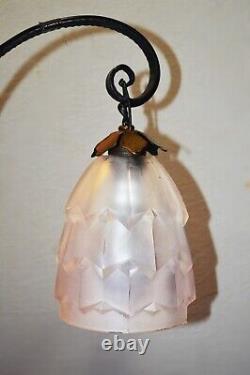 Original French art deco 3 arm wrought iron & opaline glass chandelier C1930s