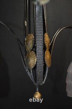 Original French art deco 3 arm wrought iron & opaline glass chandelier C1930s