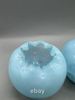 PAIR OF Fenton Baby Blue Coin Dot 3.5 Vase Opalescent Inward Ruffle Rim Glass