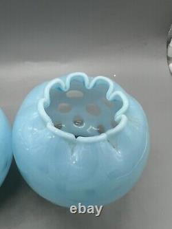 PAIR OF Fenton Baby Blue Coin Dot 3.5 Vase Opalescent Inward Ruffle Rim Glass