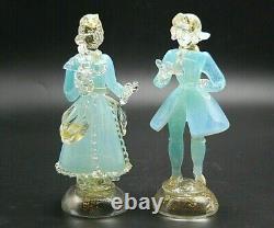 PAIR vintage Murano gold dust aqua opalescent glass dancer courtier figures AVeM