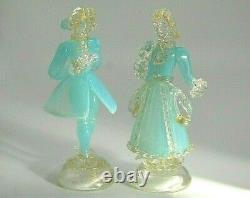 PAIR vintage Murano gold dust aqua opalescent glass dancer courtier figures AVeM