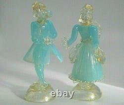 PAIR vintage Murano gold dust aqua opalescent glass dancer courtier figures AVeM