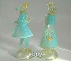 PAIR vintage Murano gold dust aqua opalescent glass dancer courtier figures AVeM