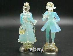 PAIR vintage Murano gold dust aqua opalescent glass dancer courtier figures AVeM