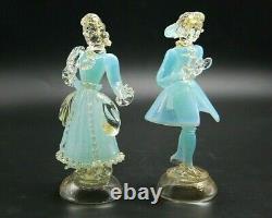 PAIR vintage Murano gold dust aqua opalescent glass dancer courtier figures AVeM