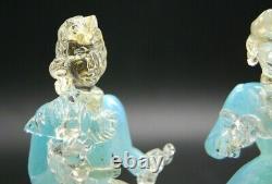 PAIR vintage Murano gold dust aqua opalescent glass dancer courtier figurines