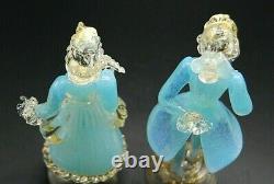 PAIR vintage Murano gold dust aqua opalescent glass dancer courtier figurines