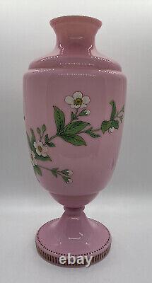 PINK OVERLAY WHITE OPALINE GLASS 11 VASE Hand Painted Butterfly with Flowers