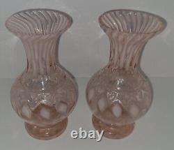 Pair Antique Pink Opalescent Art Glass Vases Harrach 1361