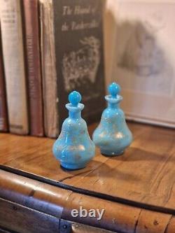 Pair Antique Victorian Moser Robins Egg Blue Opaline Glass Enamel Scent Bottles