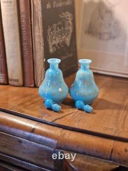Pair Antique Victorian Moser Robins Egg Blue Opaline Glass Enamel Scent Bottles