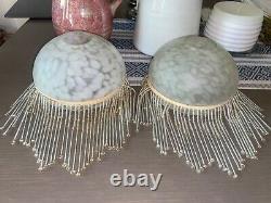 Pair Art Deco Beaded Tiffany Light Lamp Shades Opaline Milk Glass Dome Pendant