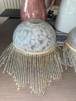Pair Art Deco Beaded Tiffany Light Lamp Shades Opaline Milk Glass Dome Pendant