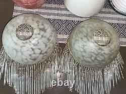 Pair Art Deco Beaded Tiffany Light Lamp Shades Opaline Milk Glass Dome Pendant