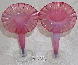 Pair Delicate Cranberry Opalescent Venetian Art Glass Jack in the Pulpit Vases
