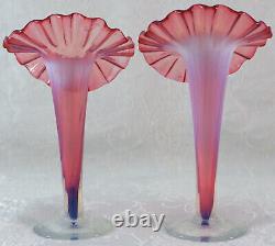 Pair Delicate Cranberry Opalescent Venetian Art Glass Jack in the Pulpit Vases