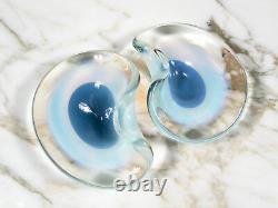 Pair MID Century Murano Opaline Art Glass Bull's Eye Bowls Blue Opaline Sommerso