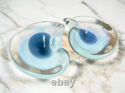 Pair MID Century Murano Opaline Art Glass Bull's Eye Bowls Blue Opaline Sommerso