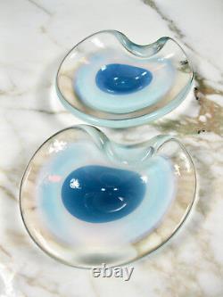 Pair MID Century Murano Opaline Art Glass Bull's Eye Bowls Blue Opaline Sommerso