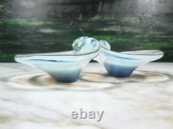 Pair MID Century Murano Opaline Art Glass Bull's Eye Bowls Blue Opaline Sommerso