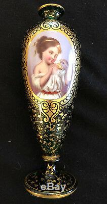 Pair Of Antique 19th C Bohemian Moser Enameled & Gilded Glass Portrait Vases